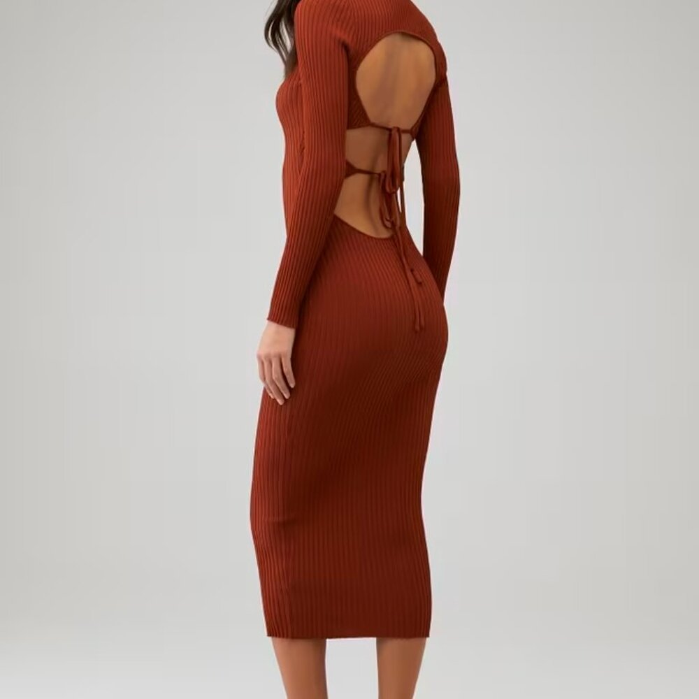 NWT | MINKPINK Alba Knit Midi V-neck Long Sleeve Bodycon Backlesss Dress, Size M - Picture 3 of 6